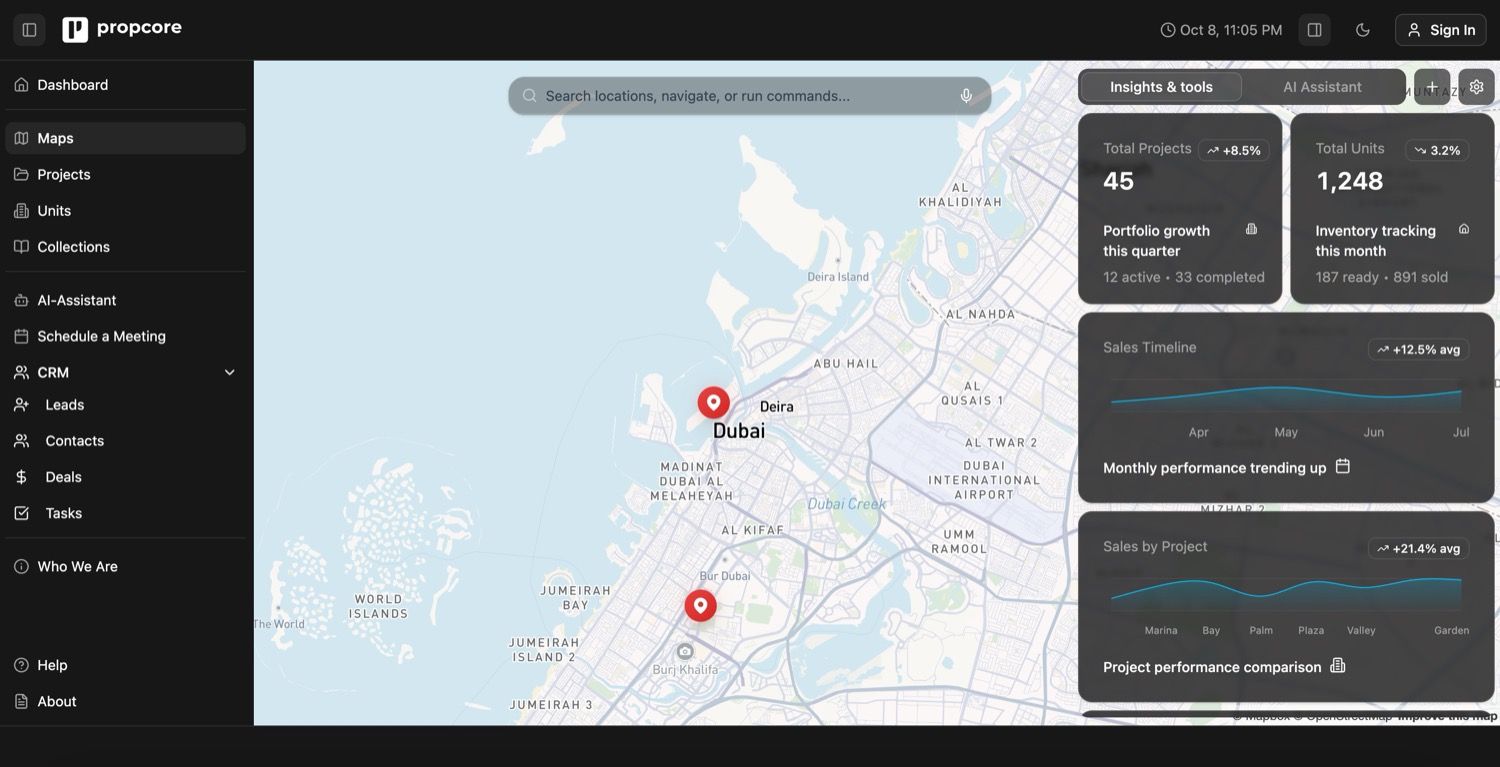 propcore dashboard interface